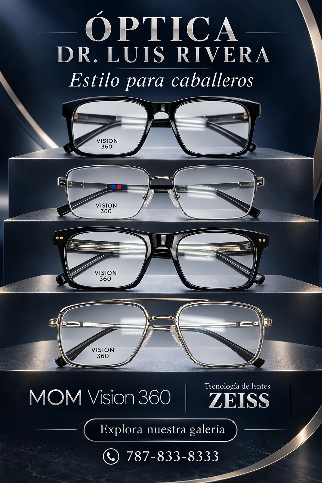 Estilo para caballeros · cuatro monturas MOM Vision 360 y tecnología de lentes ZEISS
