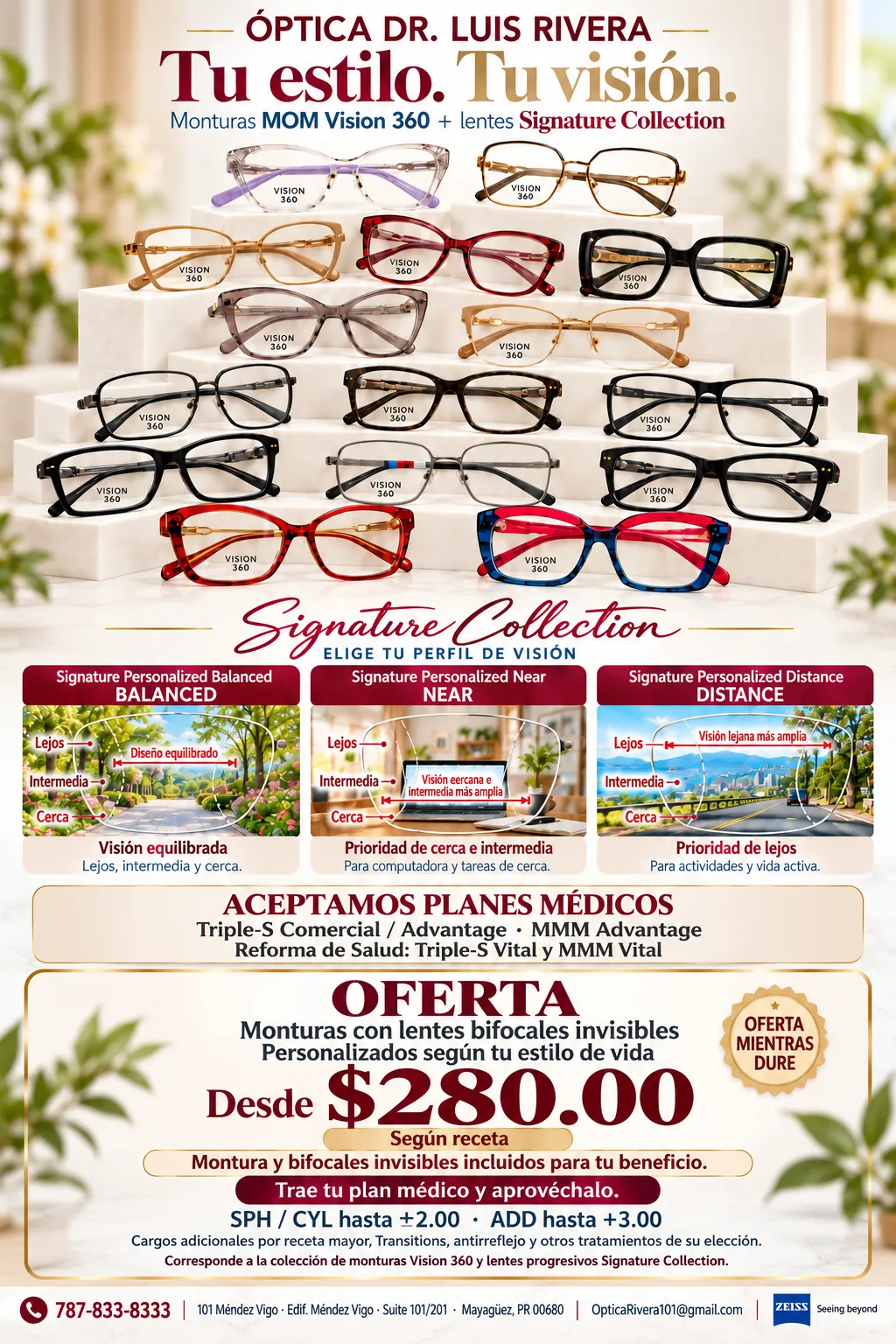 Oferta de monturas con bifocales invisibles personalizados desde $280.00 según receta, con condiciones y cargos adicionales