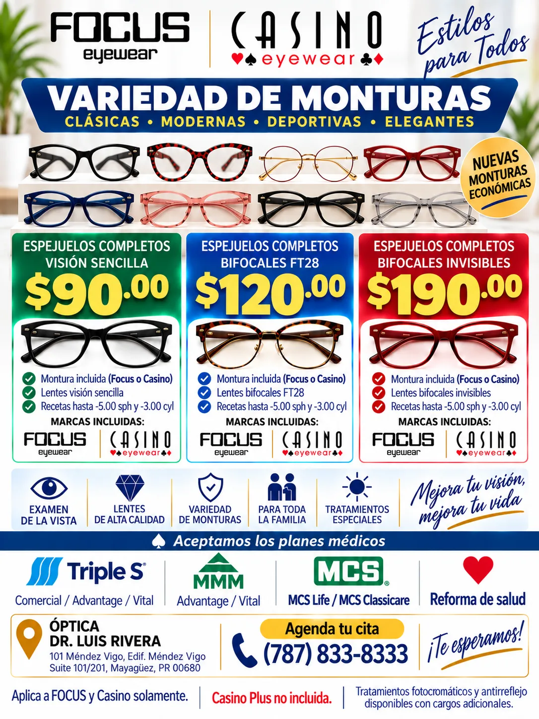 Ofertas de espejuelos completos: visión sencilla $90, bifocales FT28 $120 y bifocales invisibles $190, con condiciones detalladas en el afiche